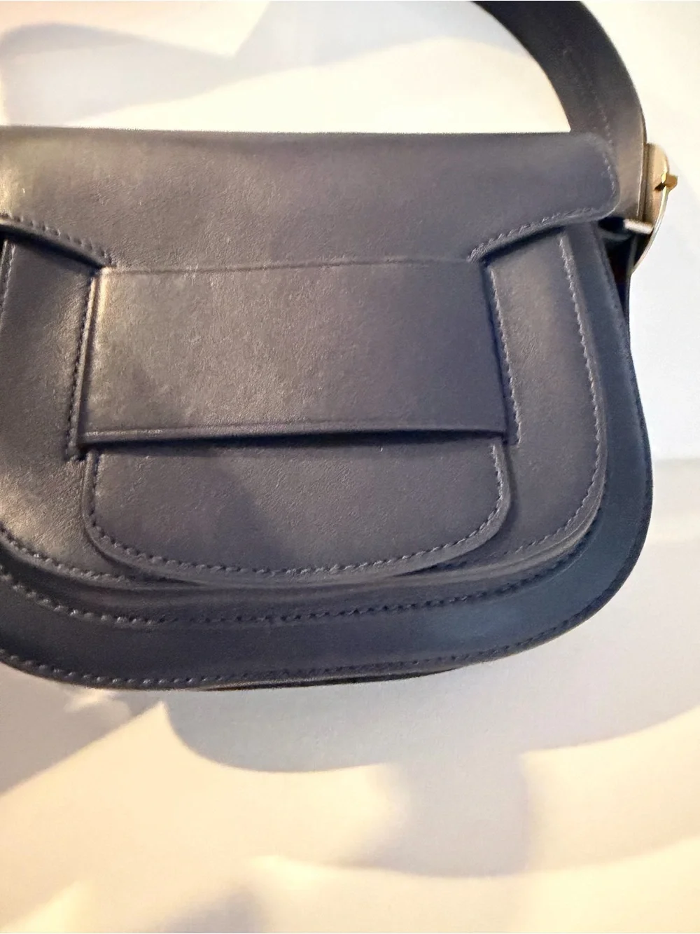 Navy Blue Leather Saddle Crossbody Bag with Navy Blue/Red-Trim Strap